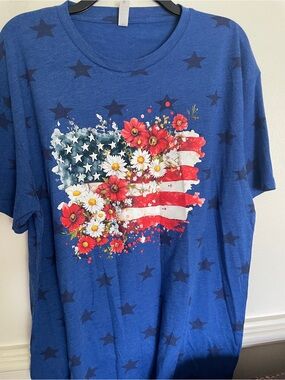 Blue Floral American Flag Short Sleeve Tee